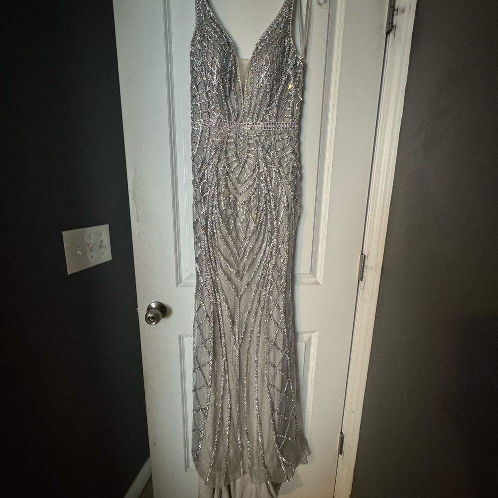 Elegant Silver Beaded Prom/pageant Dress